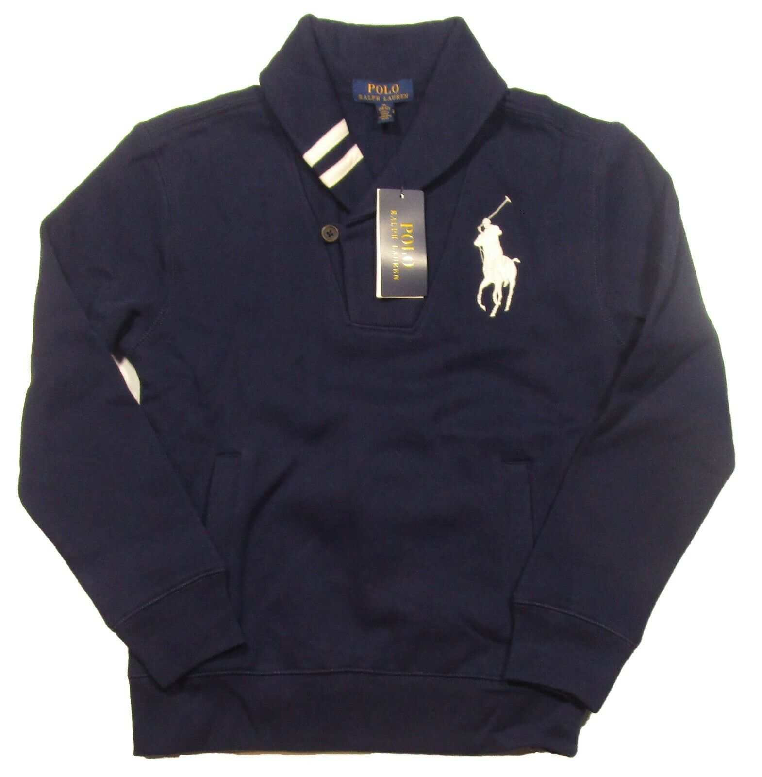 Polo Ralph Lauren Boys Navy Big Pony Shawl Collar Fleece Lined Sweatshirt